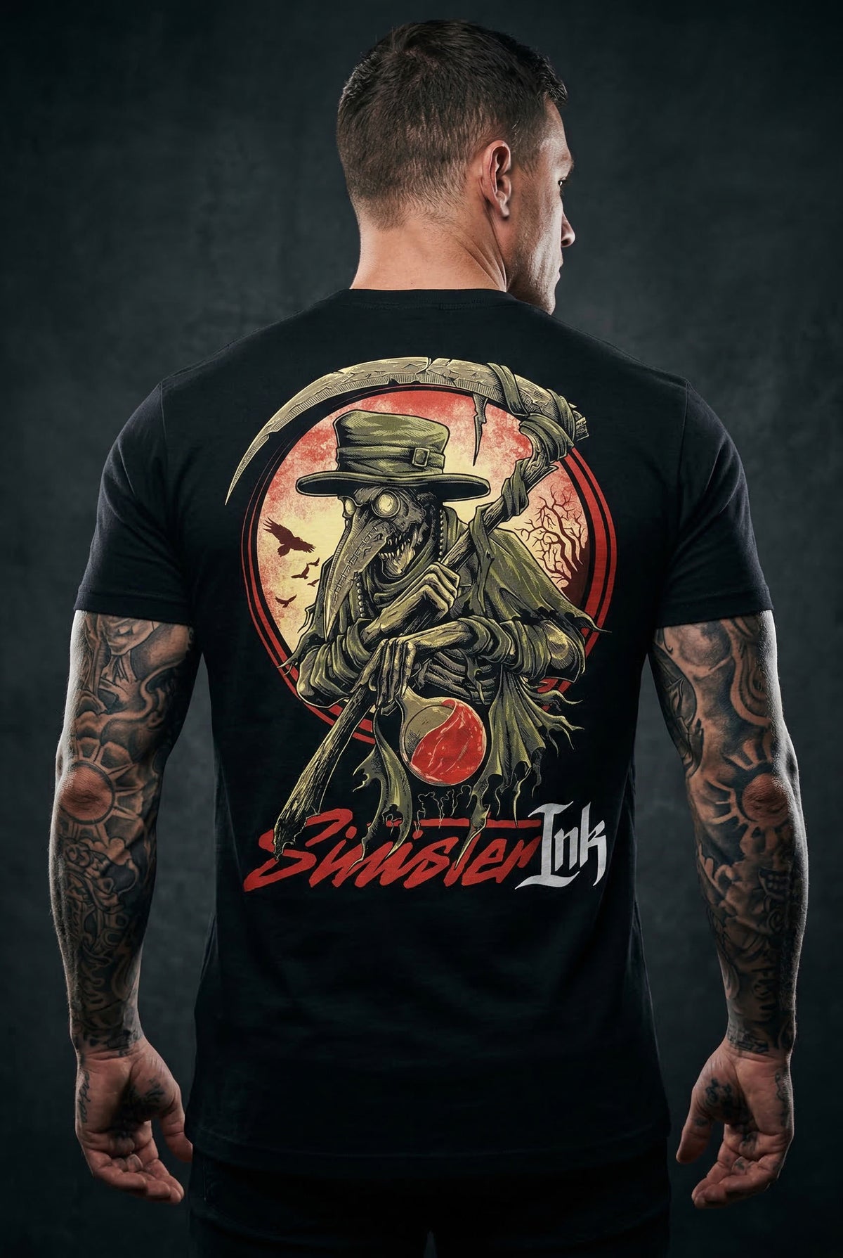 Plague Doctor Tee back print on model